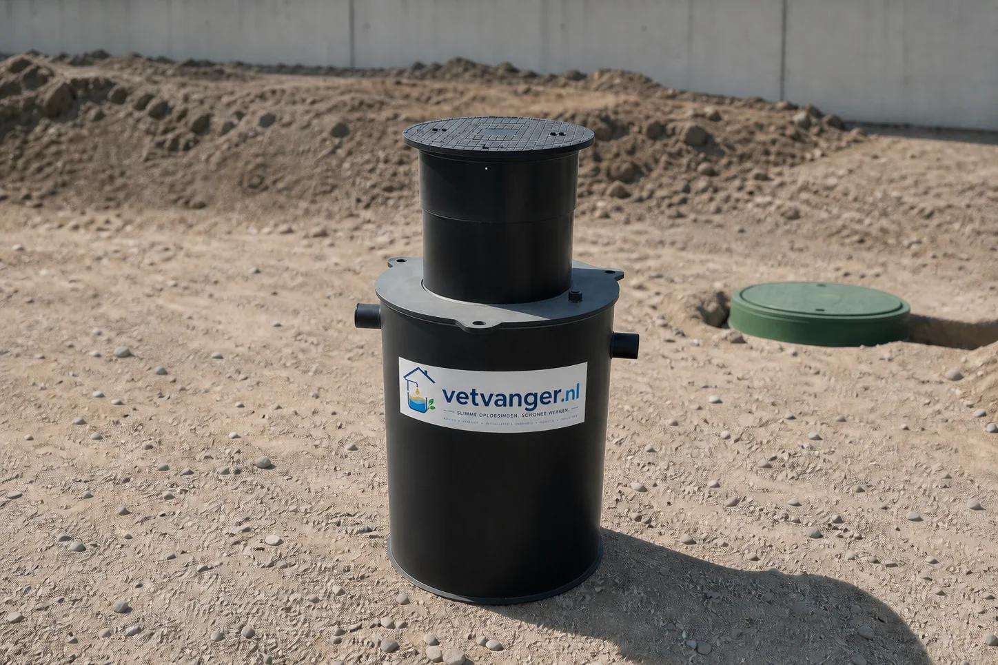 Ronde HDPE vetafscheider met opzetstuk en gietijzeren deksel, klaar voor plaatsing